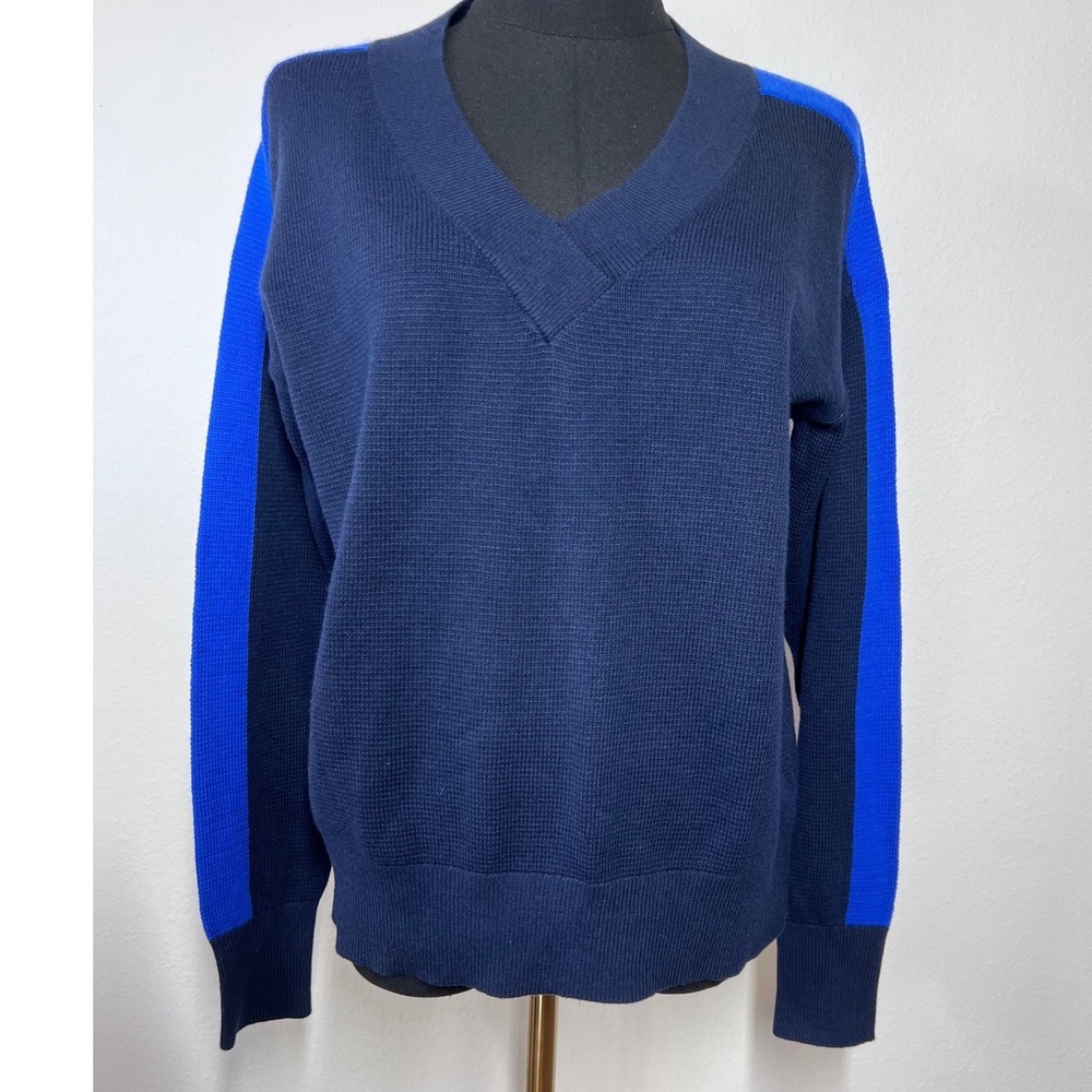 Banana Republic Womens Navy Blue V-Neck Stripe Sleeve Sweater‎ Size M NEW